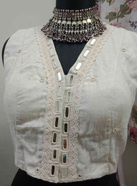 Ivory Readymade Blouse with Mirror Work-Lace | Godhuli
