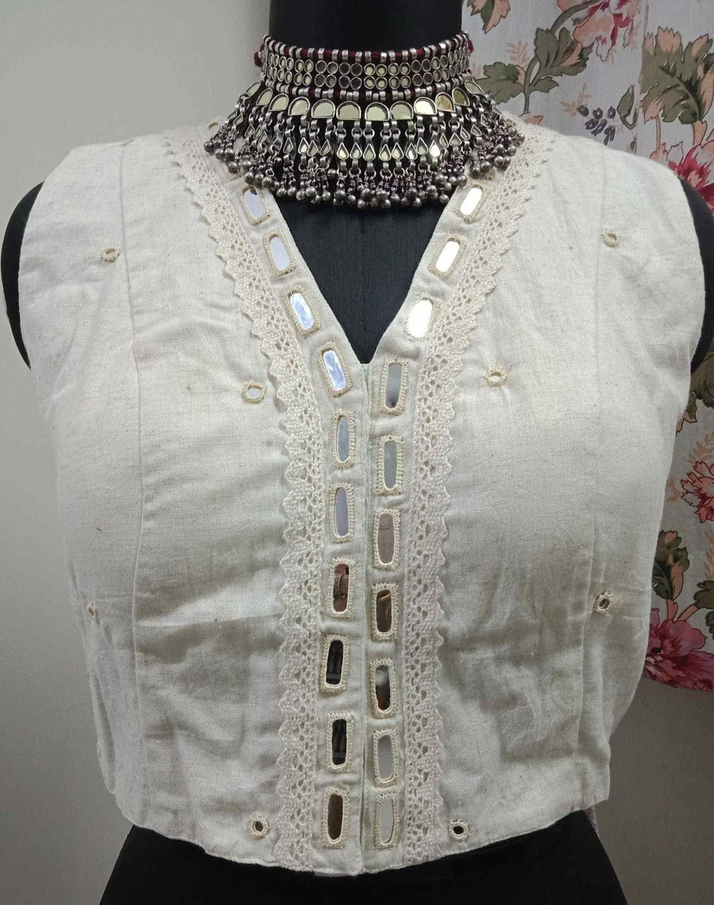 Ivory Readymade Blouse with Mirror Work-Lace | Godhuli