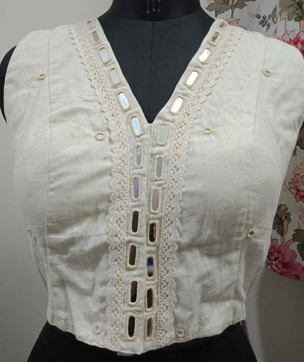 Ivory Readymade Blouse with Mirror Work-Lace | Godhuli