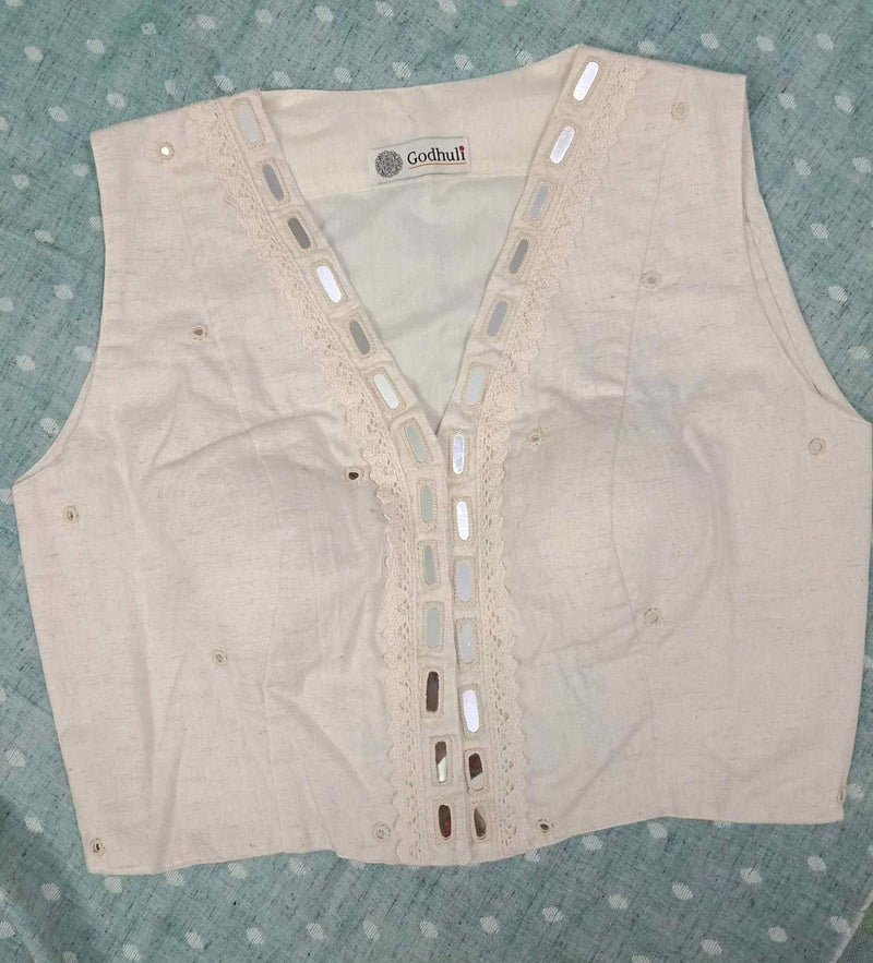Ivory Readymade Blouse with Mirror Work-Lace | Godhuli