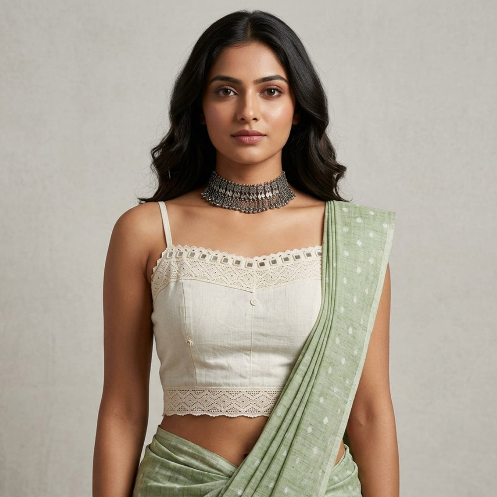 Ivory Spaghetti Mirror work Readymade Blouse | Godhuli