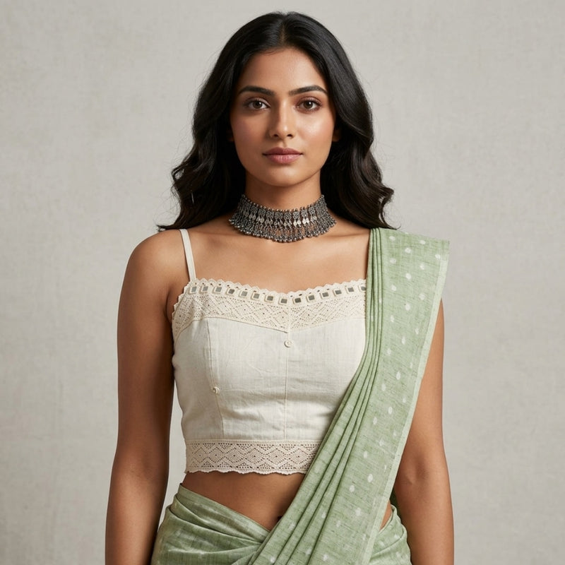 Ivory Spaghetti Mirror work Readymade Blouse | Godhuli