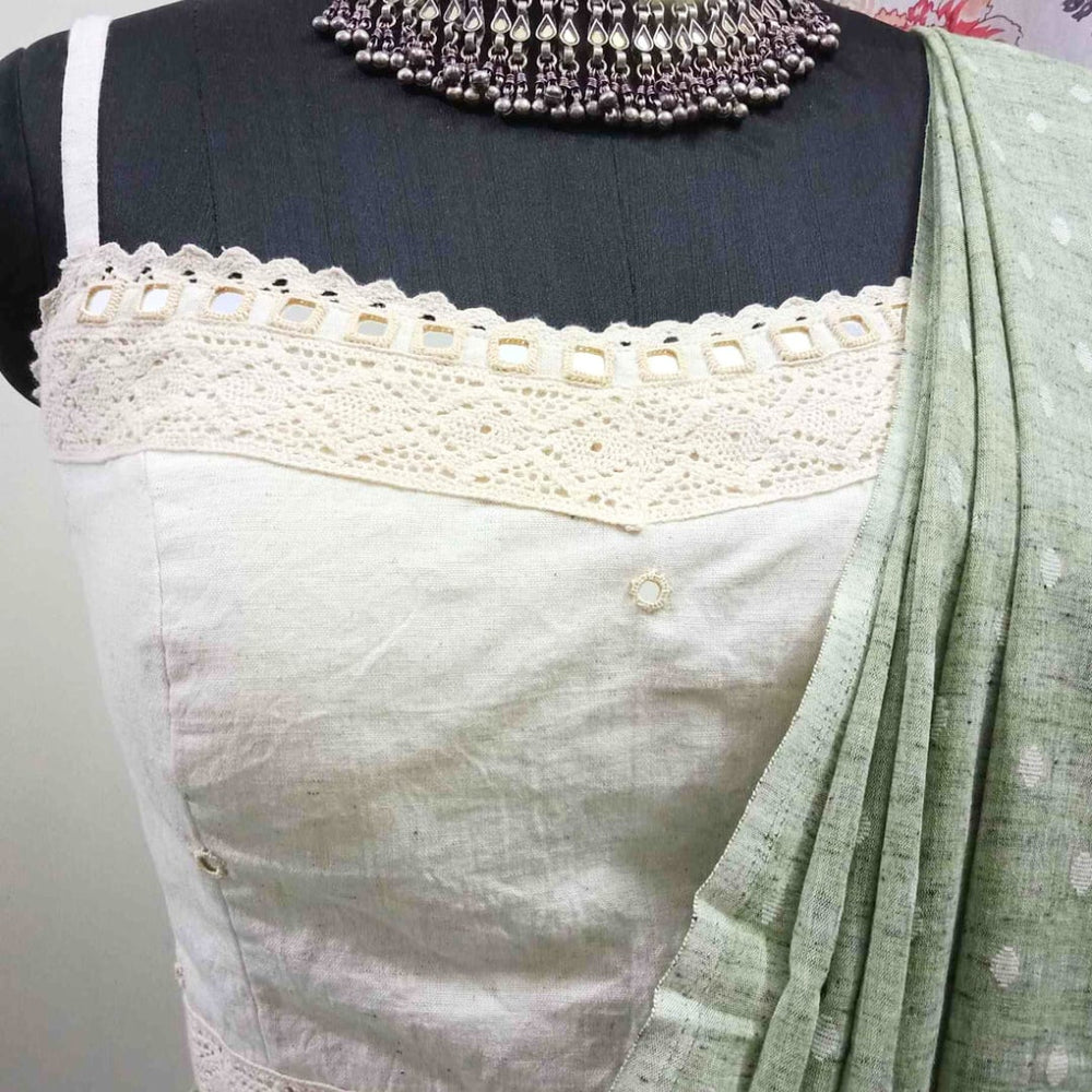 Ivory Spaghetti Mirror work Readymade Blouse | Godhuli