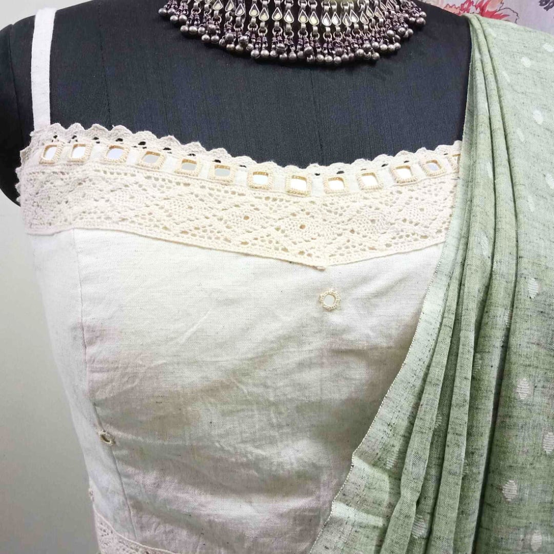 Ivory Spaghetti Mirror work Readymade Blouse