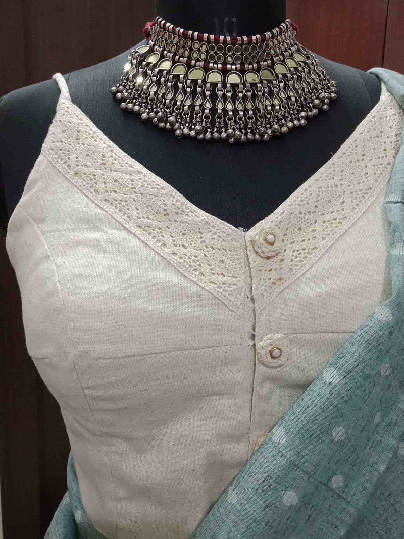 Ivory Spaghetti V-Neck Readymade Blouse | Godhuli