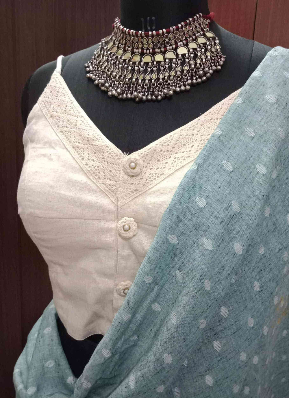 Ivory Spaghetti V-Neck Readymade Blouse | Godhuli