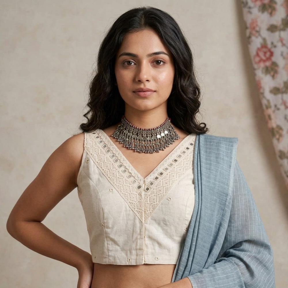 Ivory V-Neck Readymade Blouse with Mirror Work | Godhuli