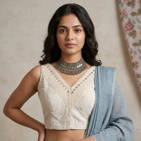 Ivory V-Neck Readymade Blouse with Mirror Work | Godhuli