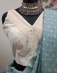 Ivory V-Neck Readymade Blouse with Mirror Work | Godhuli