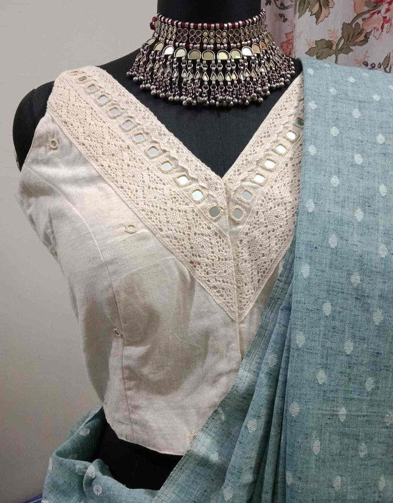 Ivory V-Neck Readymade Blouse with Mirror Work | Godhuli