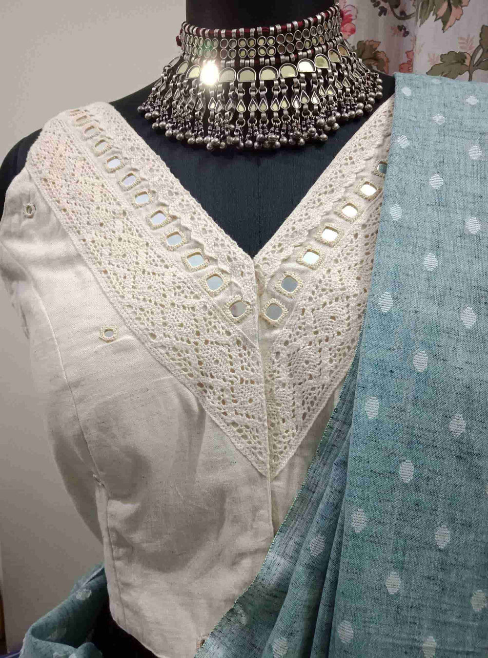 Ivory V-Neck Readymade Blouse with Mirror Work | Godhuli