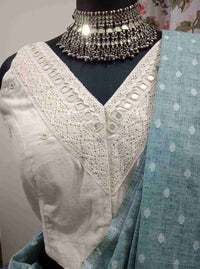 Ivory V-Neck Readymade Blouse with Mirror Work | Godhuli