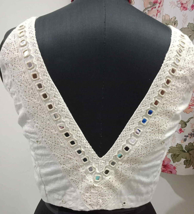 Ivory V-Neck Readymade Blouse with Mirror Work | Godhuli
