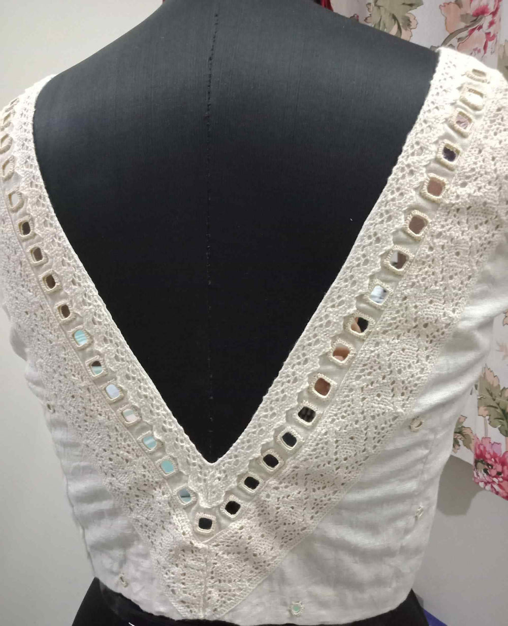 Ivory V-Neck Readymade Blouse with Mirror Work | Godhuli