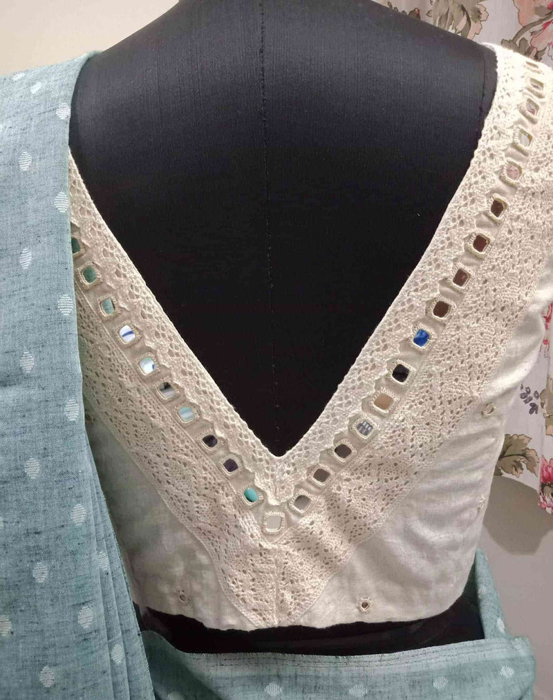 Ivory V-Neck Readymade Blouse with Mirror Work | Godhuli
