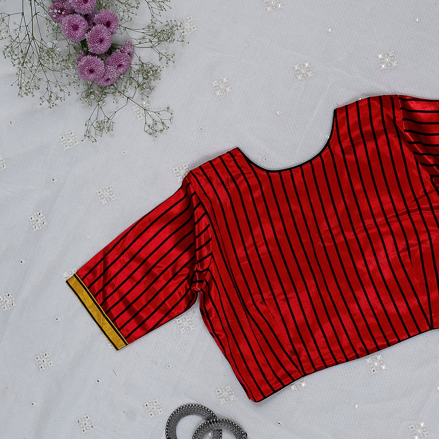 Red Yellow Gaji Silk Choli Pattern Blouse