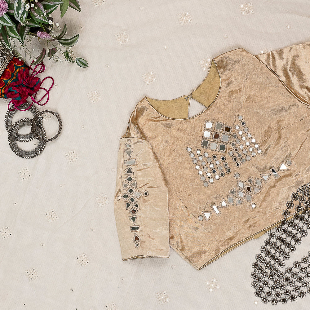 Beige Gaji Silk Mirror Work Readymade Blouse | Godhuli