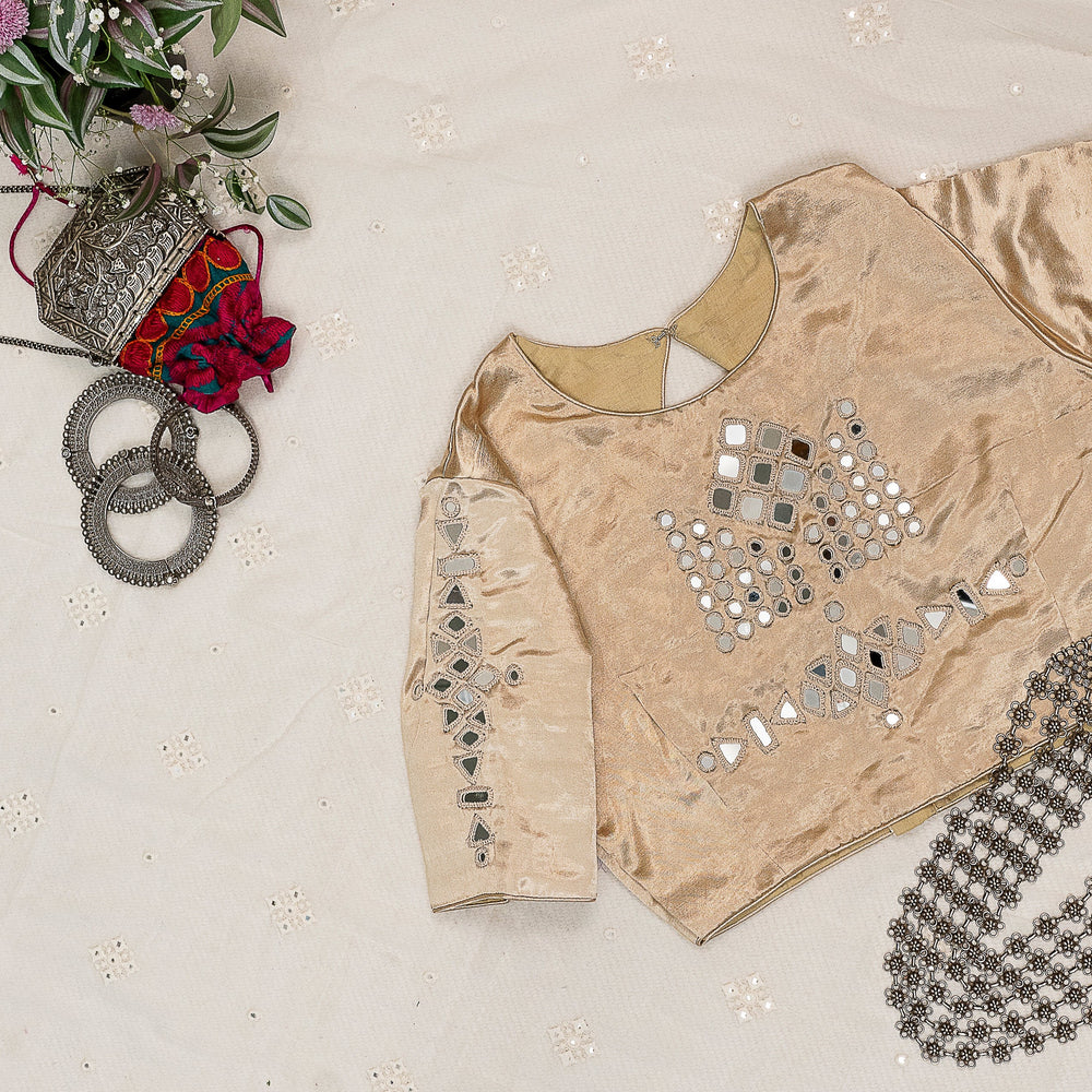 Beige Gaji Silk Mirror Work Readymade Blouse | Godhuli