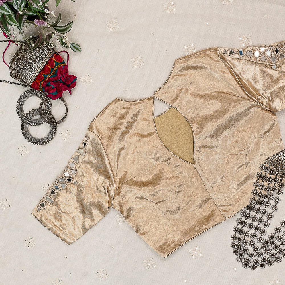 Beige Gaji Silk Mirror Work Readymade Blouse | Godhuli