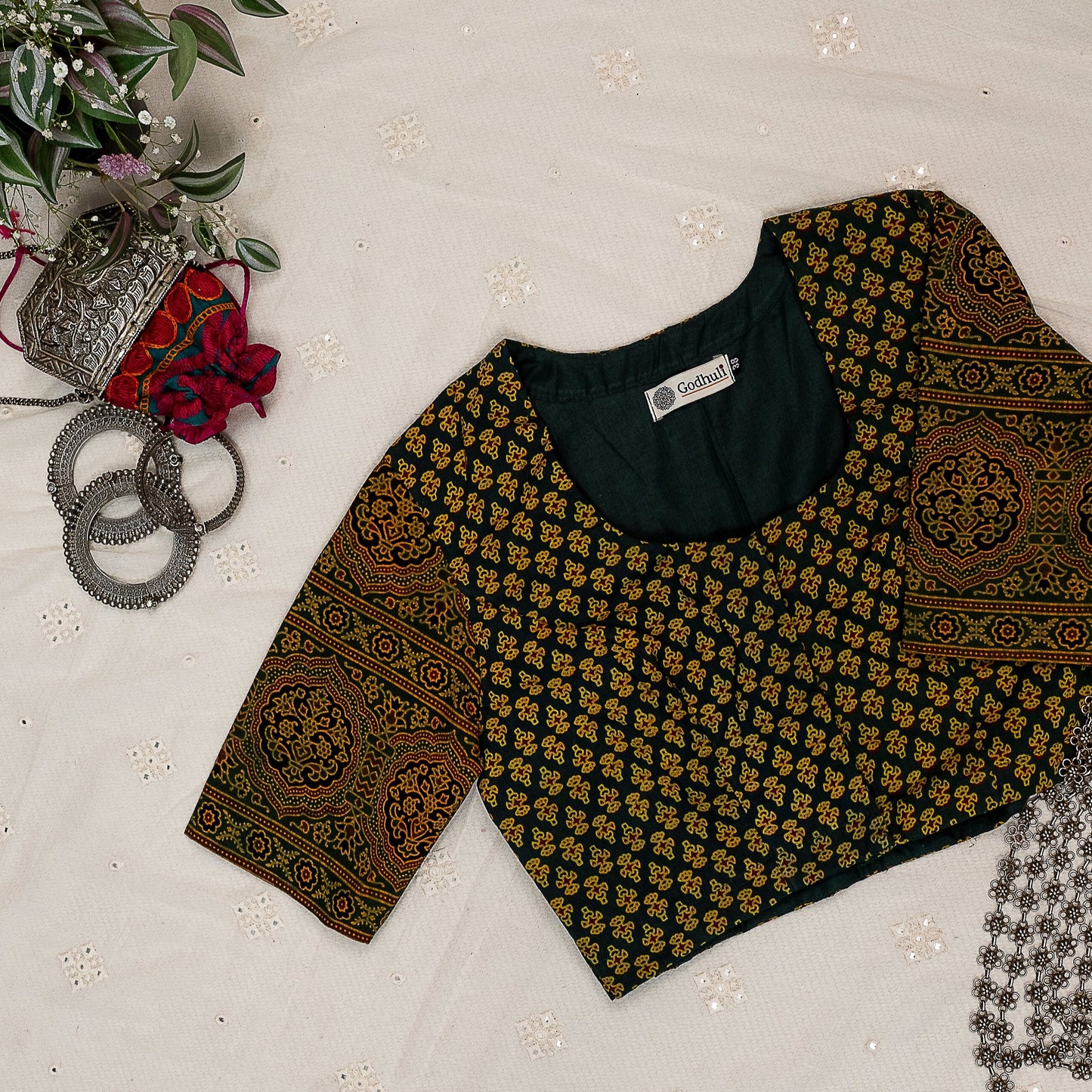 Dark Green Ajrakh Cotton Blouse