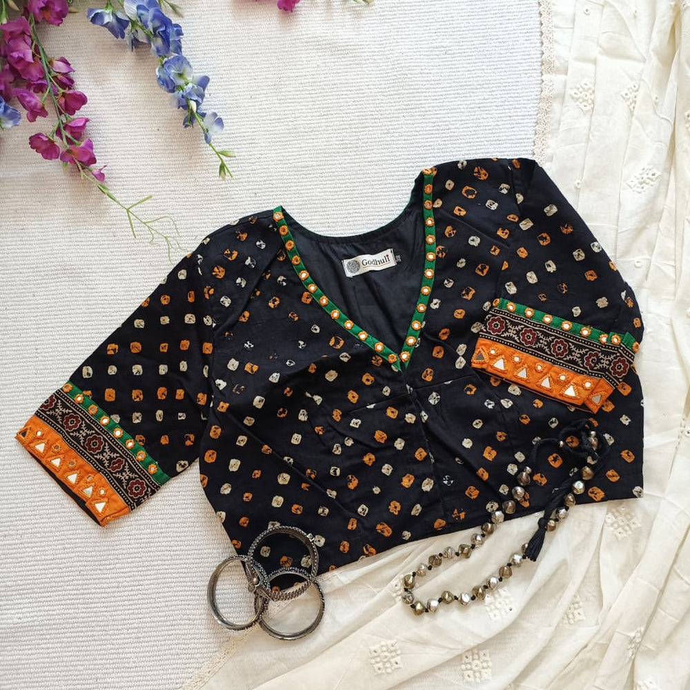 Jade Black Bandhani Readymade Blouse with Mirror Work | Godhuli