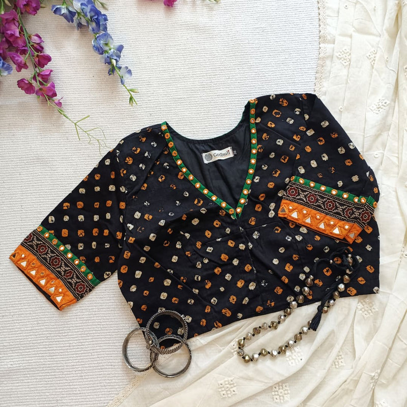 Jade Black Bandhani Readymade Blouse with Mirror Work | Godhuli