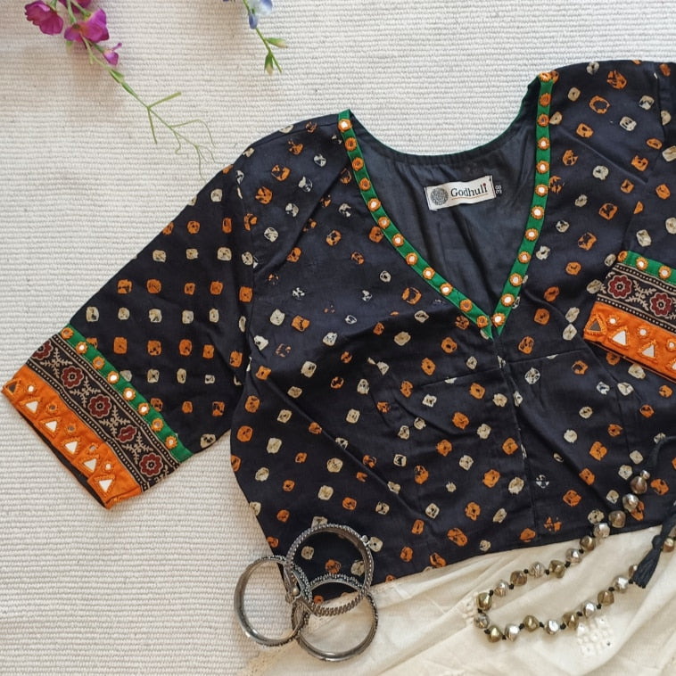 Jade Black Bandhani Readymade Blouse with Mirror Work | Godhuli