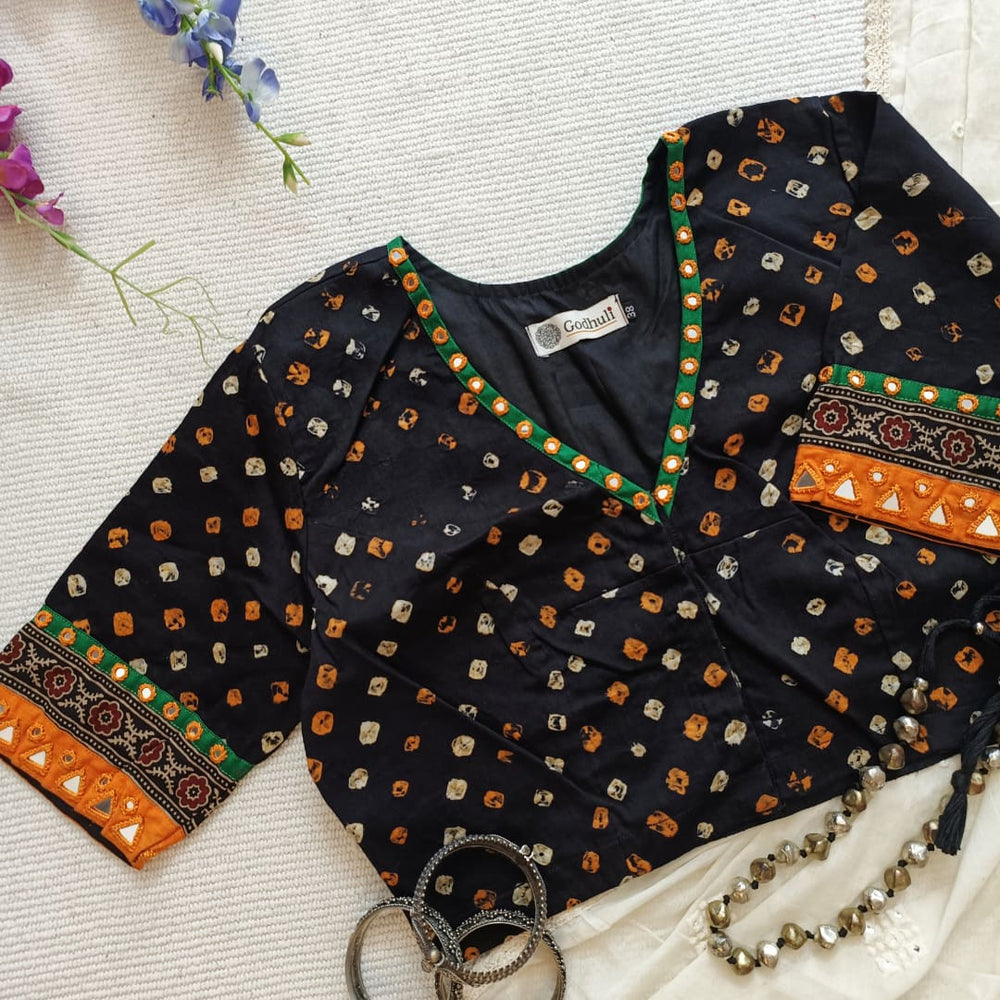 Jade Black Bandhani Readymade Blouse with Mirror Work | Godhuli