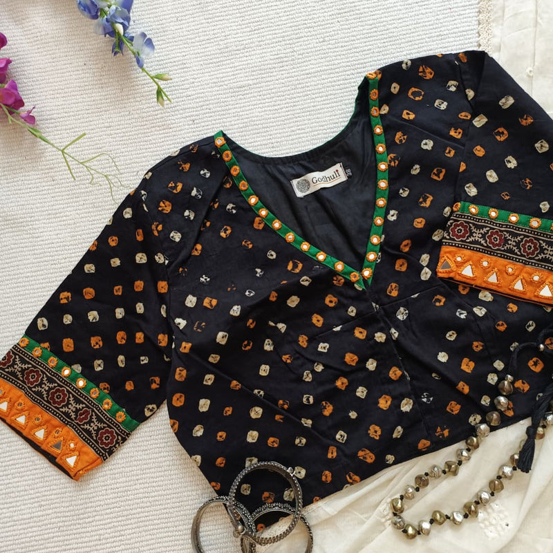 Jade Black Bandhani Readymade Blouse with Mirror Work | Godhuli
