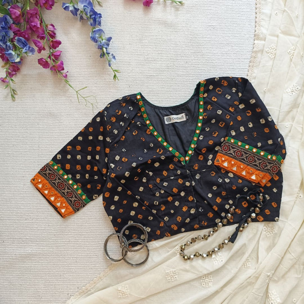 Jade Black Bandhani Readymade Blouse with Mirror Work | Godhuli
