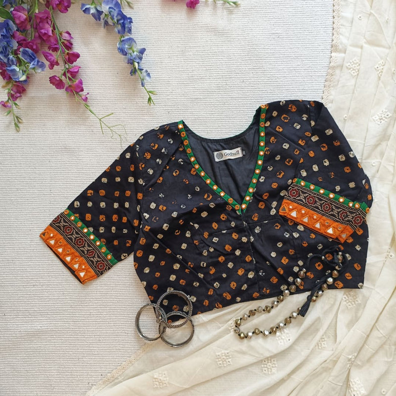 Jade Black Bandhani Readymade Blouse with Mirror Work | Godhuli