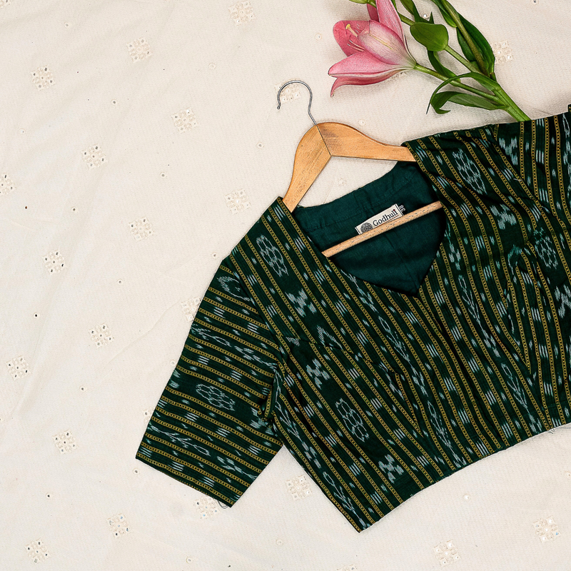 Leaf Green Mercerised Ikat Readymade Blouse | Godhuli