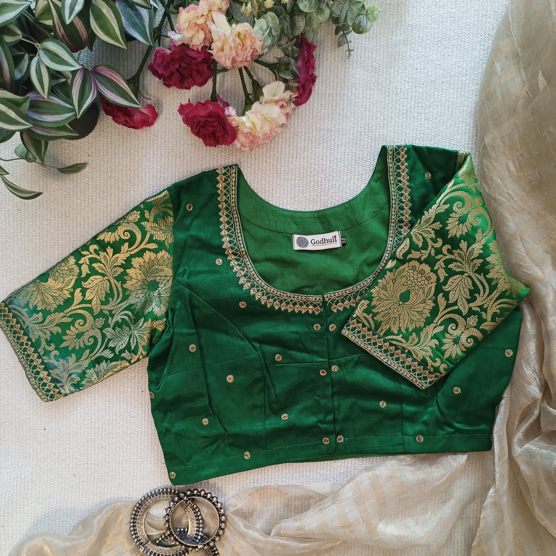 Leaf Green Silk Brocade Sleeves Aari Work Blouse