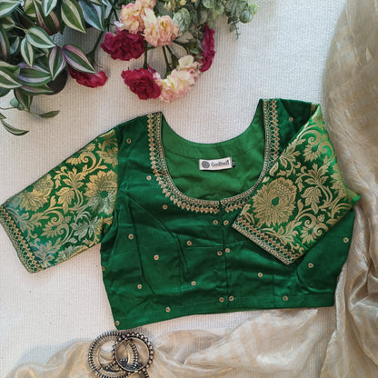 Leaf Green Silk Brocade Sleeves Aari Work Blouse