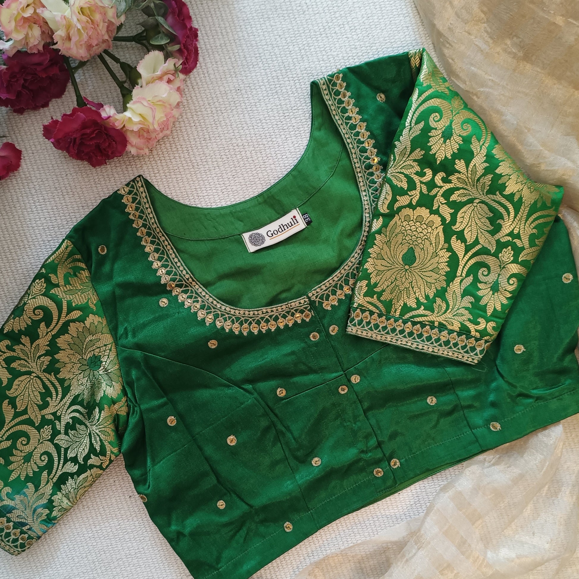 Leaf Green Silk Brocade Sleeves Aari Work Blouse
