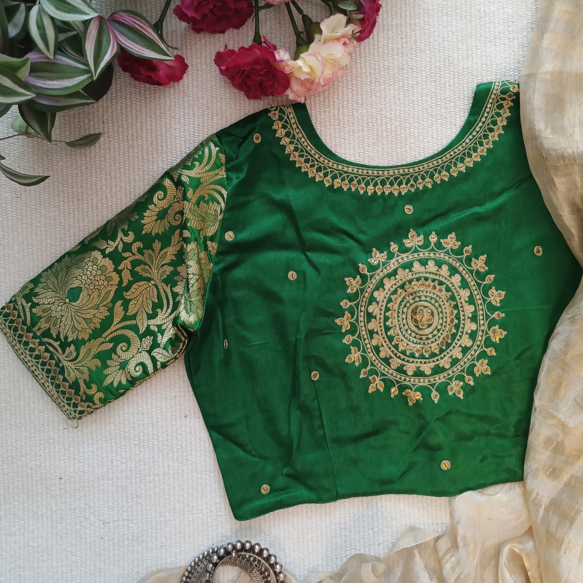 Leaf Green Silk Brocade Sleeves Aari Work Blouse