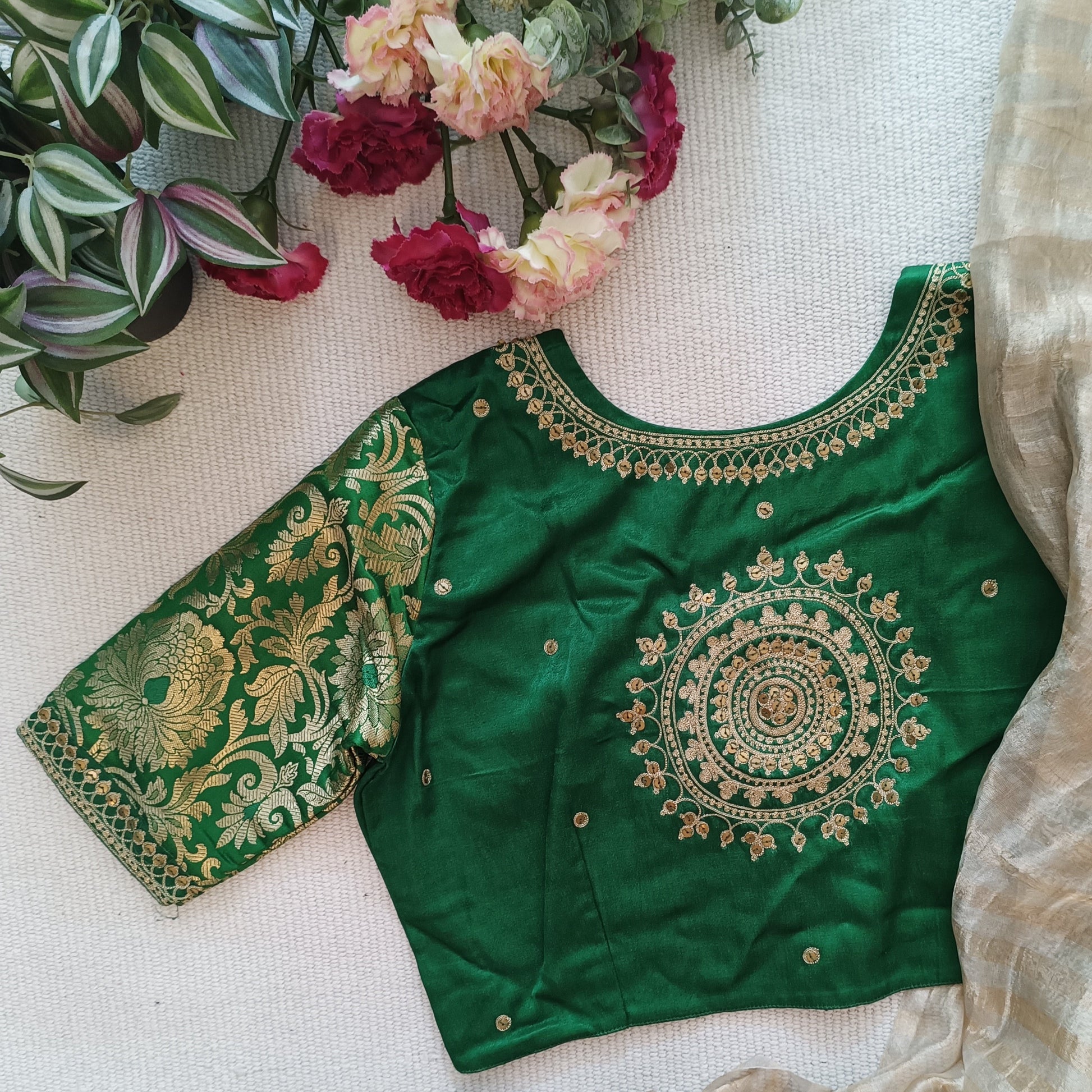 Leaf Green Silk Brocade Sleeves Aari Work Blouse