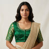 Leaf Green Silk Brocade Sleeves Aari Work Readymade Blouse | Godhuli