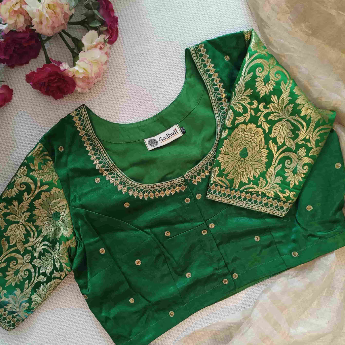 Leaf Green Silk Brocade Sleeves Aari Work Readymade Blouse