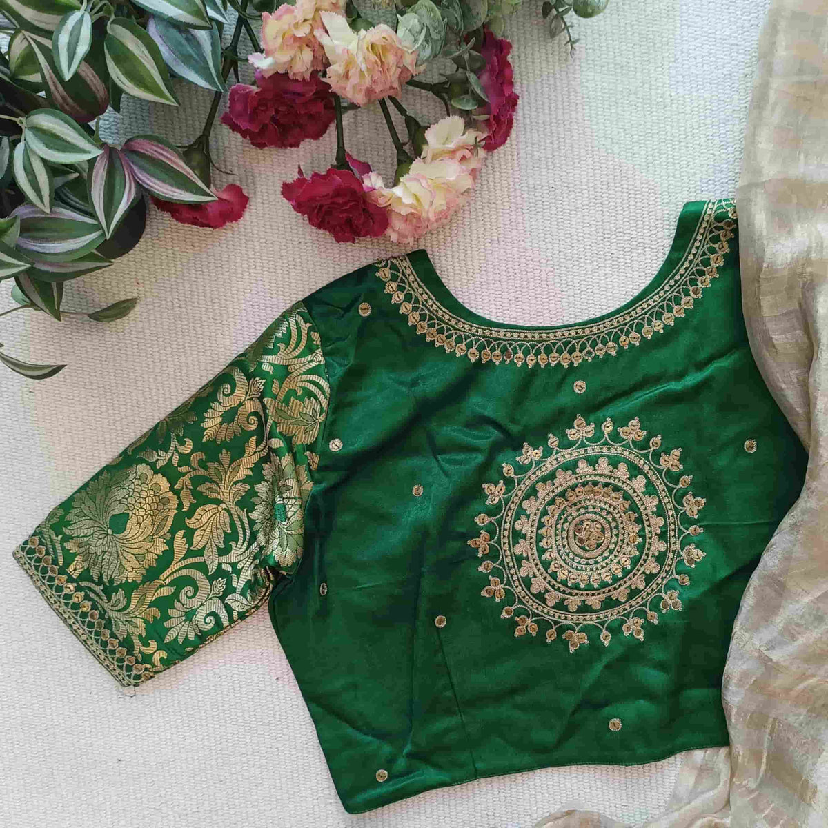 Leaf Green Silk Brocade Sleeves Aari Work Readymade Blouse