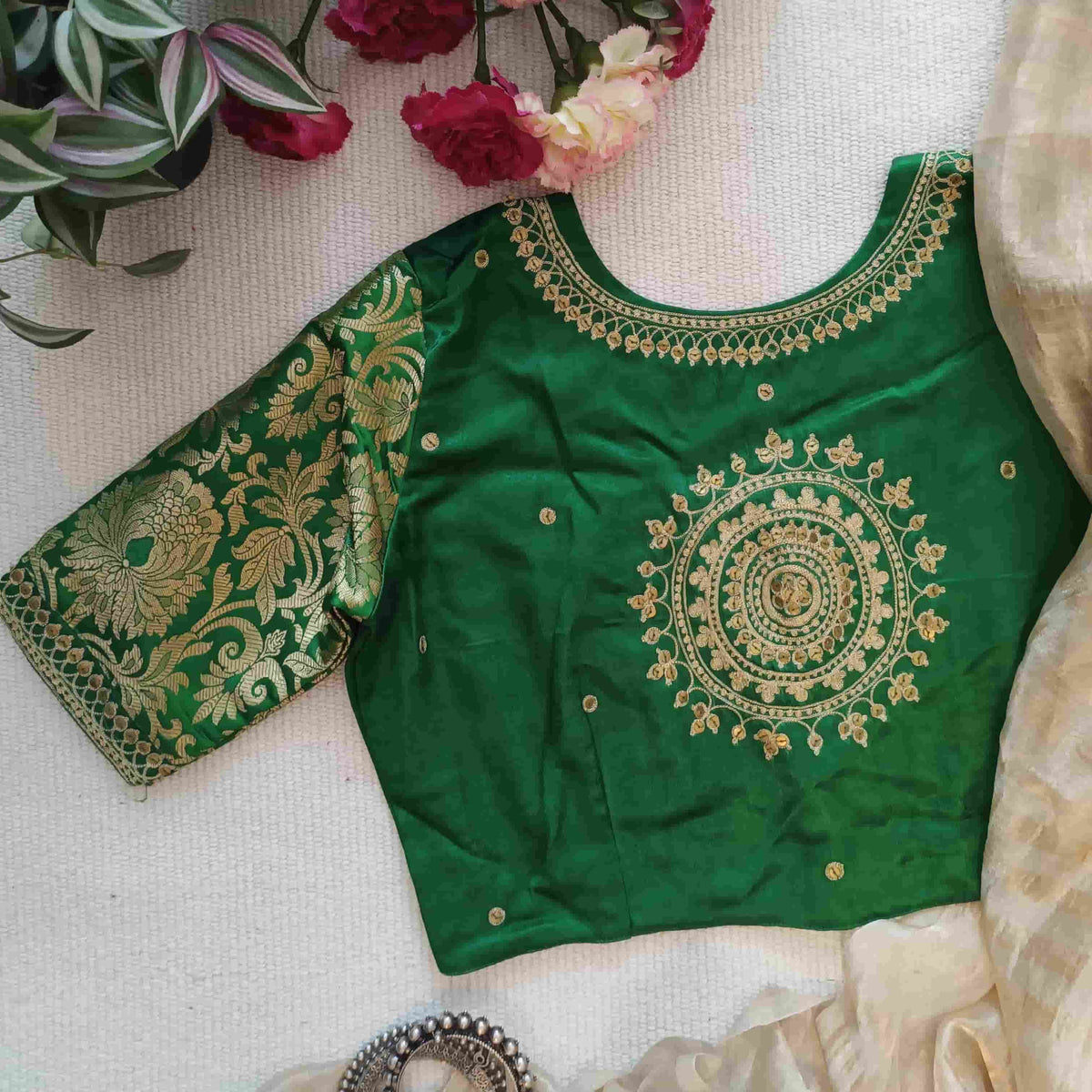 Leaf Green Silk Brocade Sleeves Aari Work Readymade Blouse