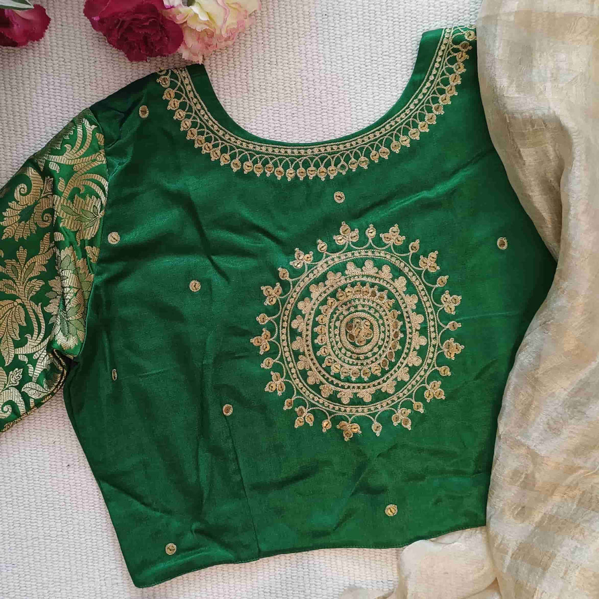 Leaf Green Silk Brocade Sleeves Aari Work Readymade Blouse