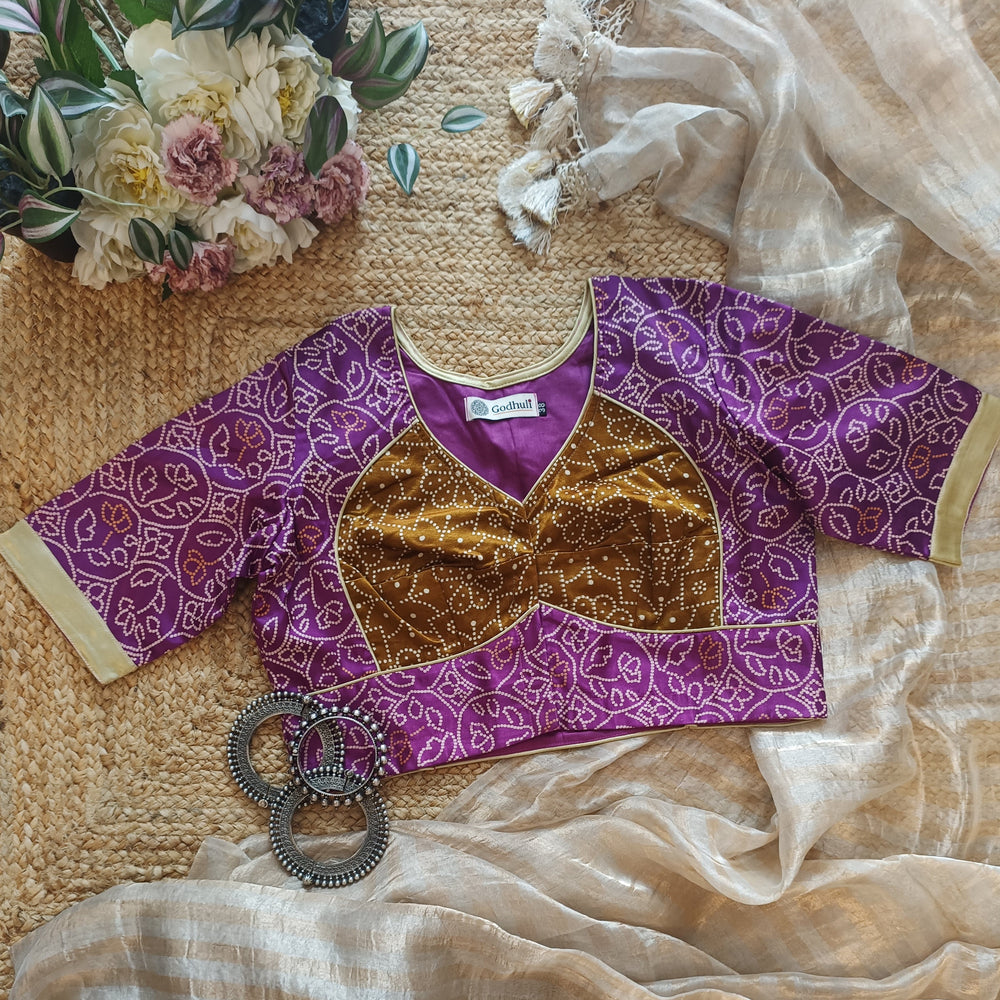 Lilac Purple Gaji Silk Readymade Blouse with Mustard Choli Pattern | Godhuli