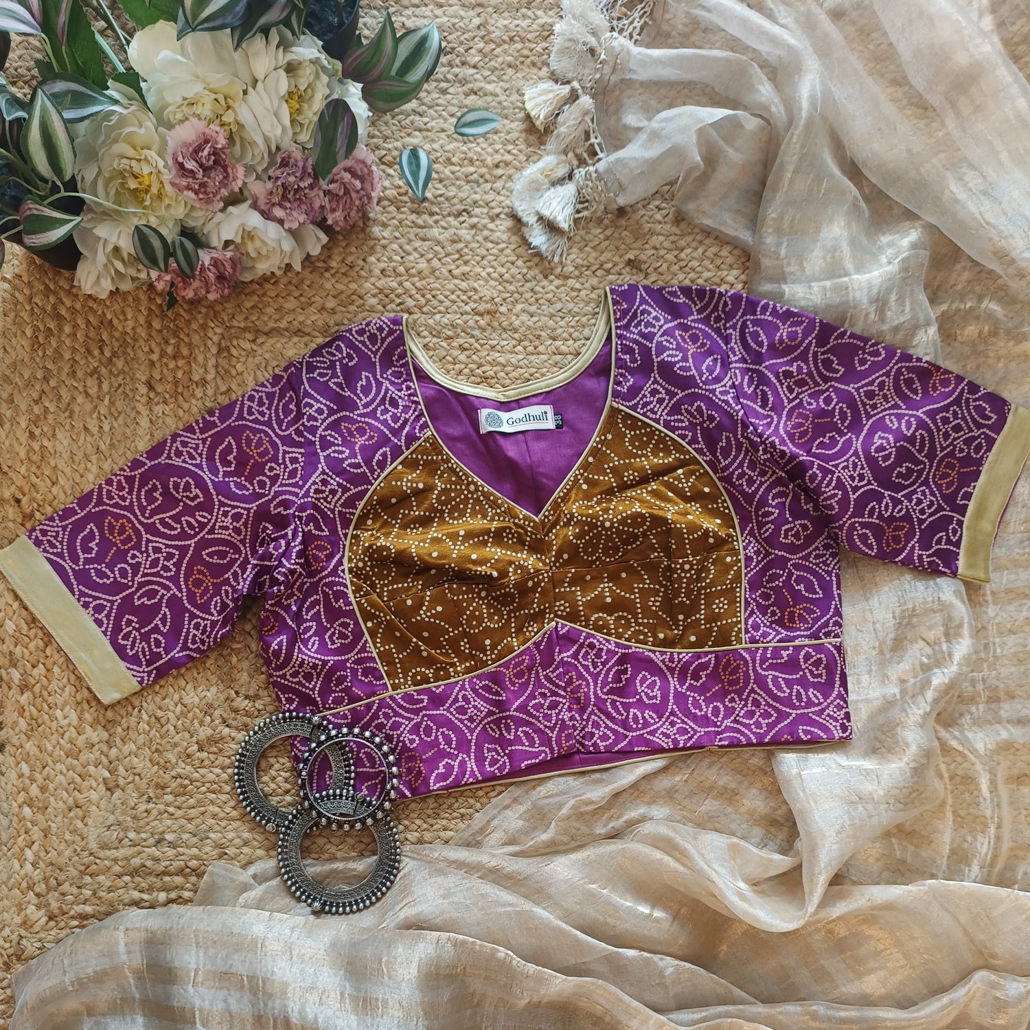 Lilac Purple Gaji Silk Blouse with Mustard Choli Pattern 