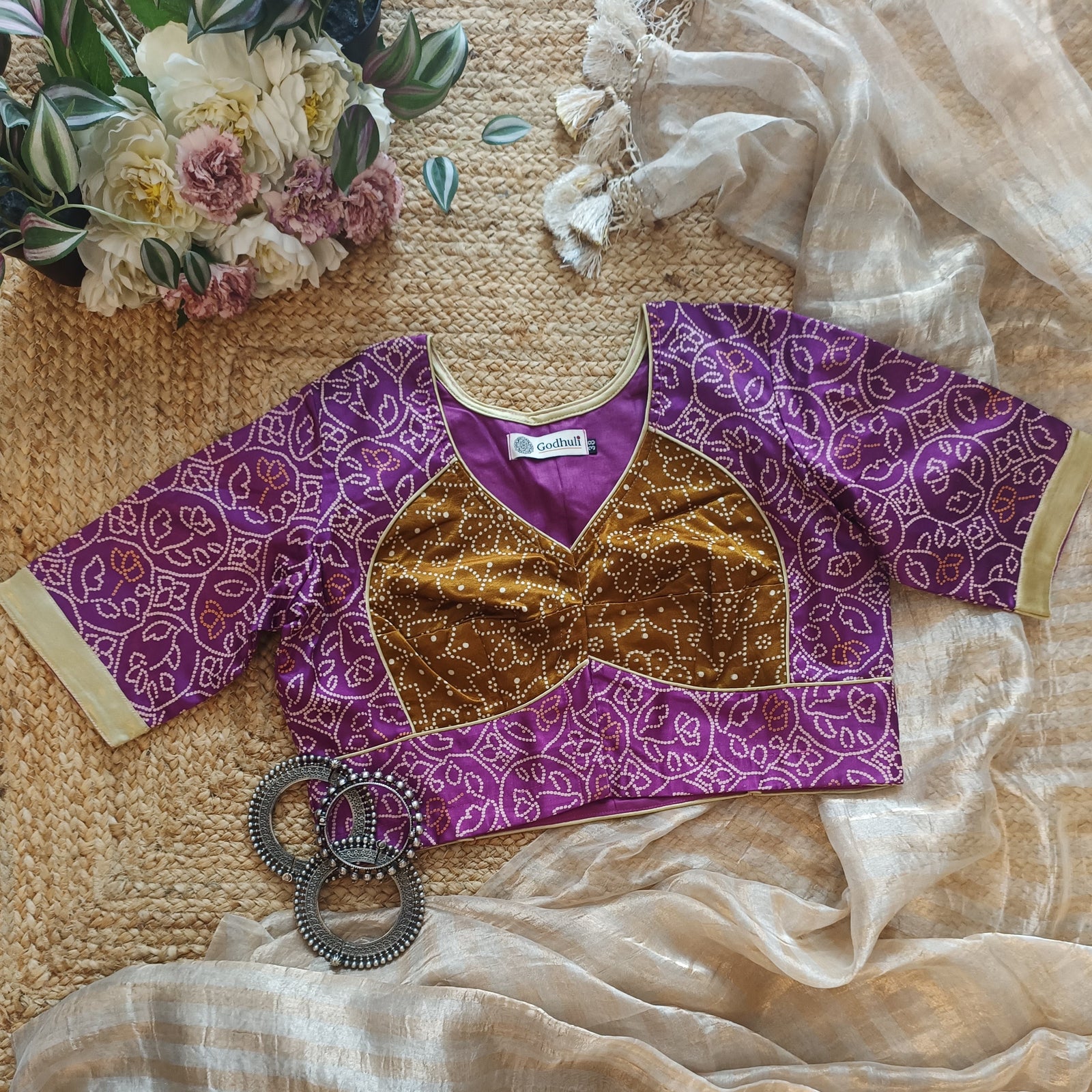 Lilac Purple Gaji Silk Blouse with Mustard Choli Pattern 