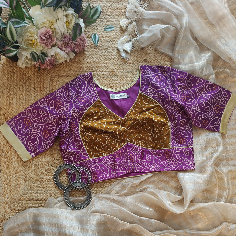 Lilac Purple Gaji Silk Readymade Blouse with Mustard Choli Pattern | Godhuli