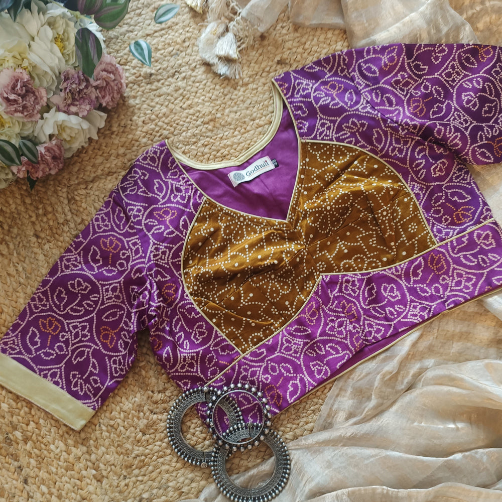 Lilac Purple Gaji Silk Readymade Blouse with Mustard Choli Pattern | Godhuli