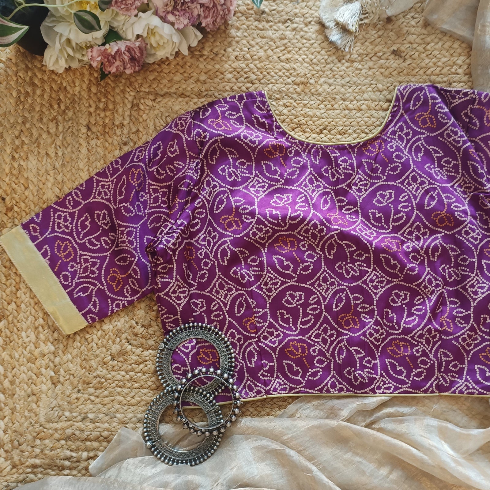 Lilac Purple Gaji Silk Blouse with Mustard Choli Pattern 