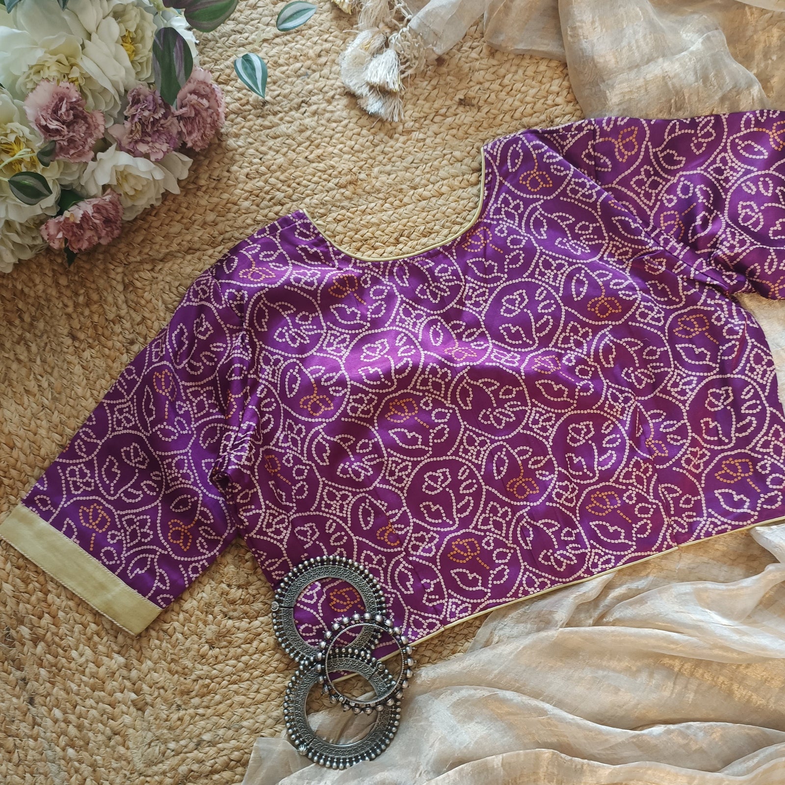 Lilac Purple Gaji Silk Blouse with Mustard Choli Pattern 