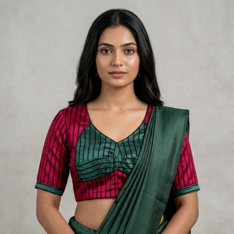 Magenta Green Gaji Silk Choli Pattern Readymade Blouse | Godhuli